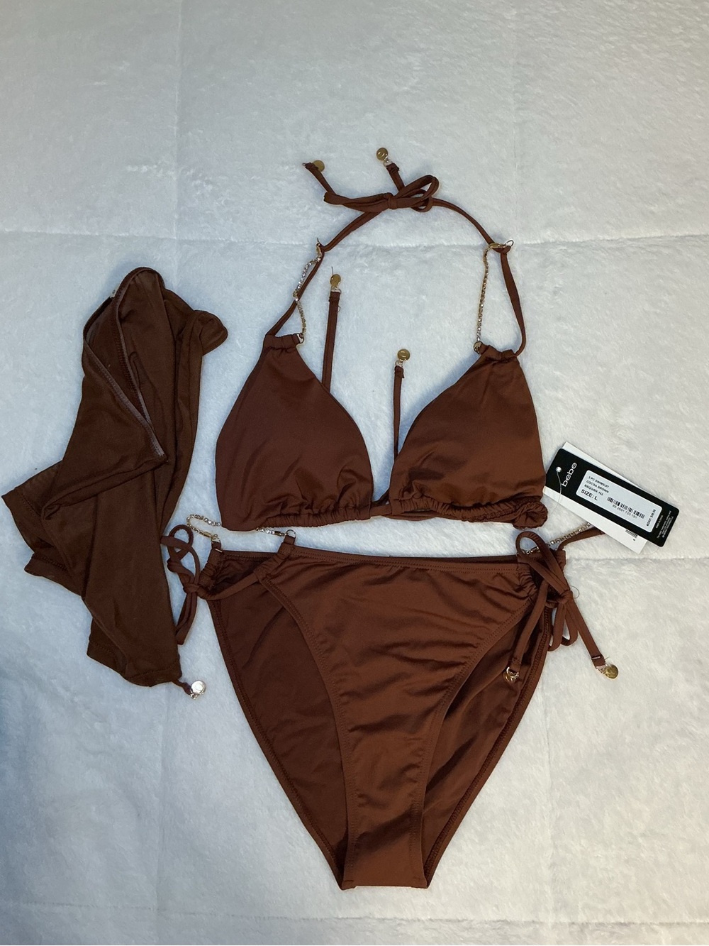 bebe Brown Triangle Bikini Set with Gold Accent